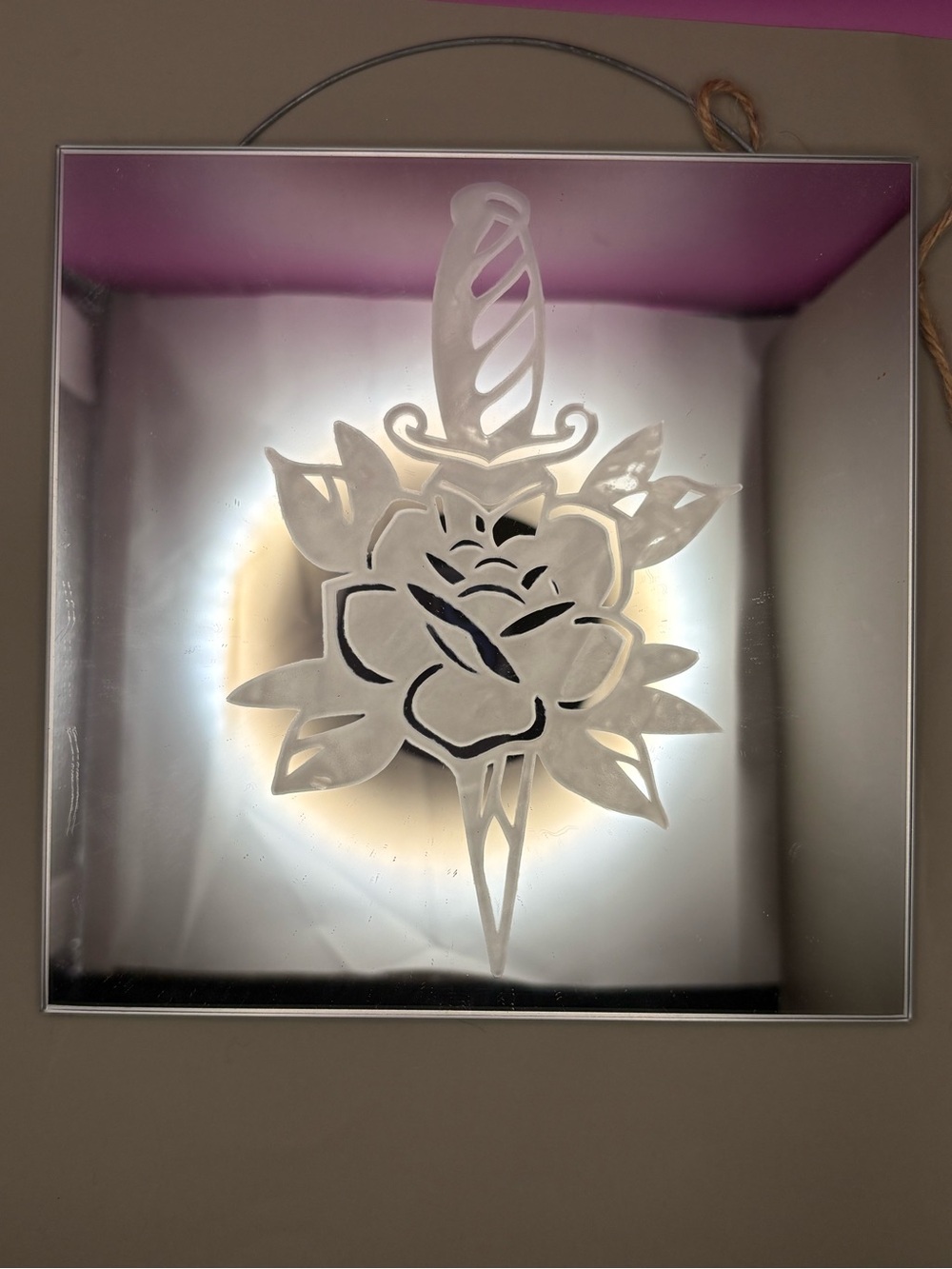 Hand Crafted Silver Mirrored Wall Decor with Etched Rose and Dagger